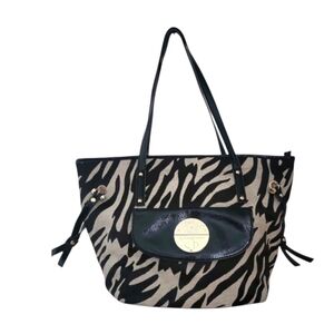 Anne Klein Zebra Print Canvas Tote – Black & Tan – Gold Medallion
